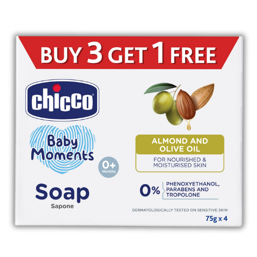 Chicco Baby Moments Bathing Soap for Babies with Almond & Olive Oil, 125g (Buy 3 Get 1 Free)| Nourished & Moisturized Skin| No Parabens | Dermatologically Tested on Sensitive Skin