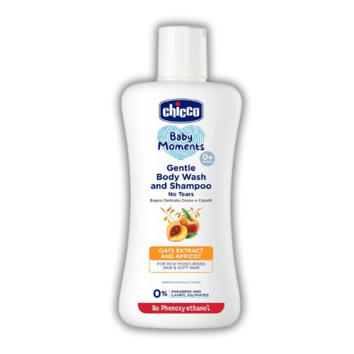 Chicco Baby Moments Gentle Bodywash & Shampoo with Oats Extracts & Apricot, 200ml |Head-to-Toe|No Tears Formula|Moisturized Skin & Hair|Dermatologically Tested | Parabens & Phenoxyethanol Free