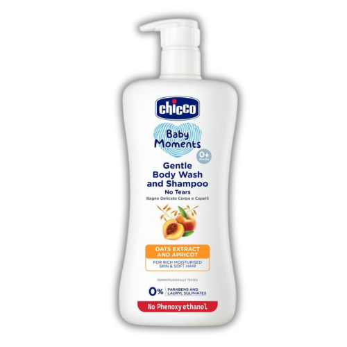Chicco Baby Moments Gentle Bodywash & Shampoo with Oats Extracts & Apricot, 500ml |Head-to-Toe | No Tears Formula | Moisturized Skin & Hair | Dermatologically Tested | Parabens & Phenoxyethanol Free