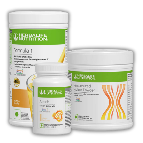 Herbalife Formula 1 Mango 500g, Protein Powder 200g, and Afresh Lemon 50g combo pack for nutrition, energy, and weight management