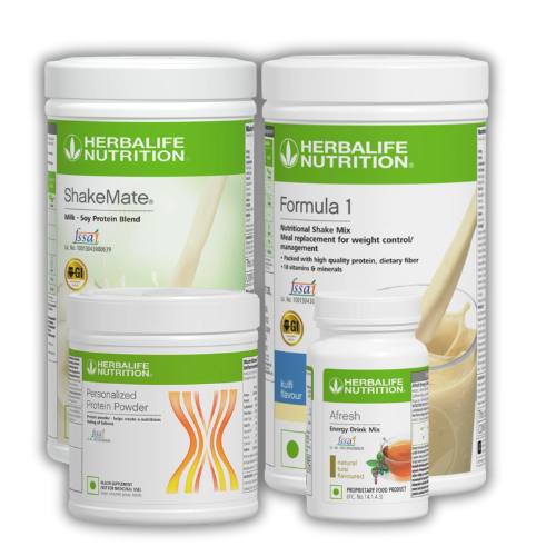 Herbalife Combo Pack including Formula 1 Kulfi 500g, Protein Powder 200g, Afresh Peach 50g, and Shakemate Nutrition Drink 500g for complete wellness and nutrition support