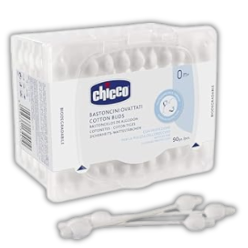 Chicco Cotton Buds with Eardrum Protection, 90 Pieces | For Baby Ear Cleaning | Made Of Paper Stem | Safe and Hygienic | Biodegredable