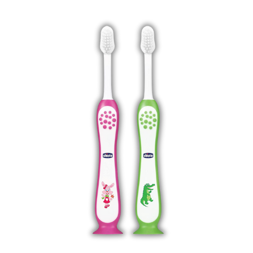 Chicco Toothbrush for Kids (3y-8y) with Suction Cup, Set of 2 | Extra Soft Tapered Bristles for Milk and Permanent Teeth | With Tongue Scraper and BPA Free Material (Pink, Green)