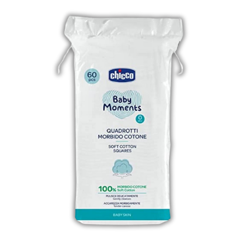 Chicco Baby Moments 100% Soft Cotton Squares (60 Count) for Cleaning and Baby Care | Soft & Gentle on Delicate Skin