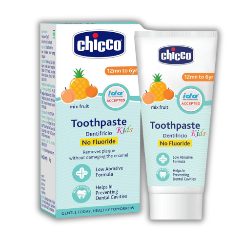 Chicco Toothpaste for Kids (1y-6y), Mix Fruit Flavour, 50g | Fluoride-Free | Removes Plaque, Helps Prevent Cavities