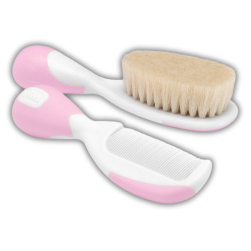 Chicco Baby Hair Brush and Comb Combo for Newborn and Toddler Grooming | Soft Natural and Rounded Bristles | Anti-Slip Handle (Pink)