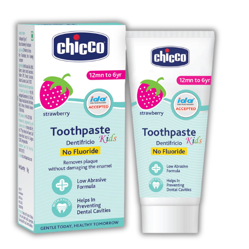 Chicco Toothpaste for Kids (1y-6y), Strawberry Flavour, 50g | Fluoride-Free | Removes Plaque, Helps Prevent Cavities