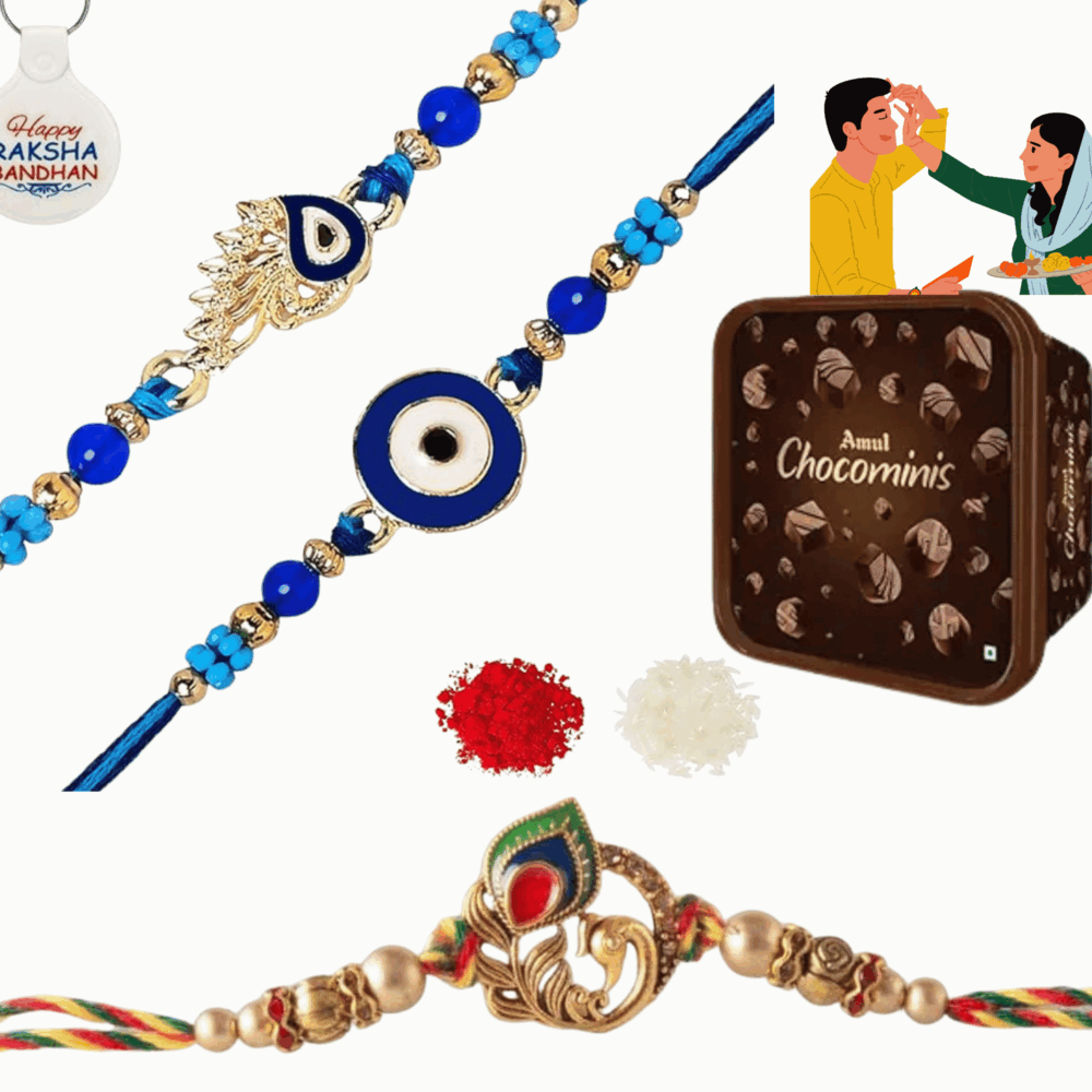 Rakhi Gift Combo for Brother – Set of 4 Designer Rakhis with Chocolate Candy Box | Raksha Bandhan Special Hamper | Traditional & Stylish Rakhis with Sweet Treats